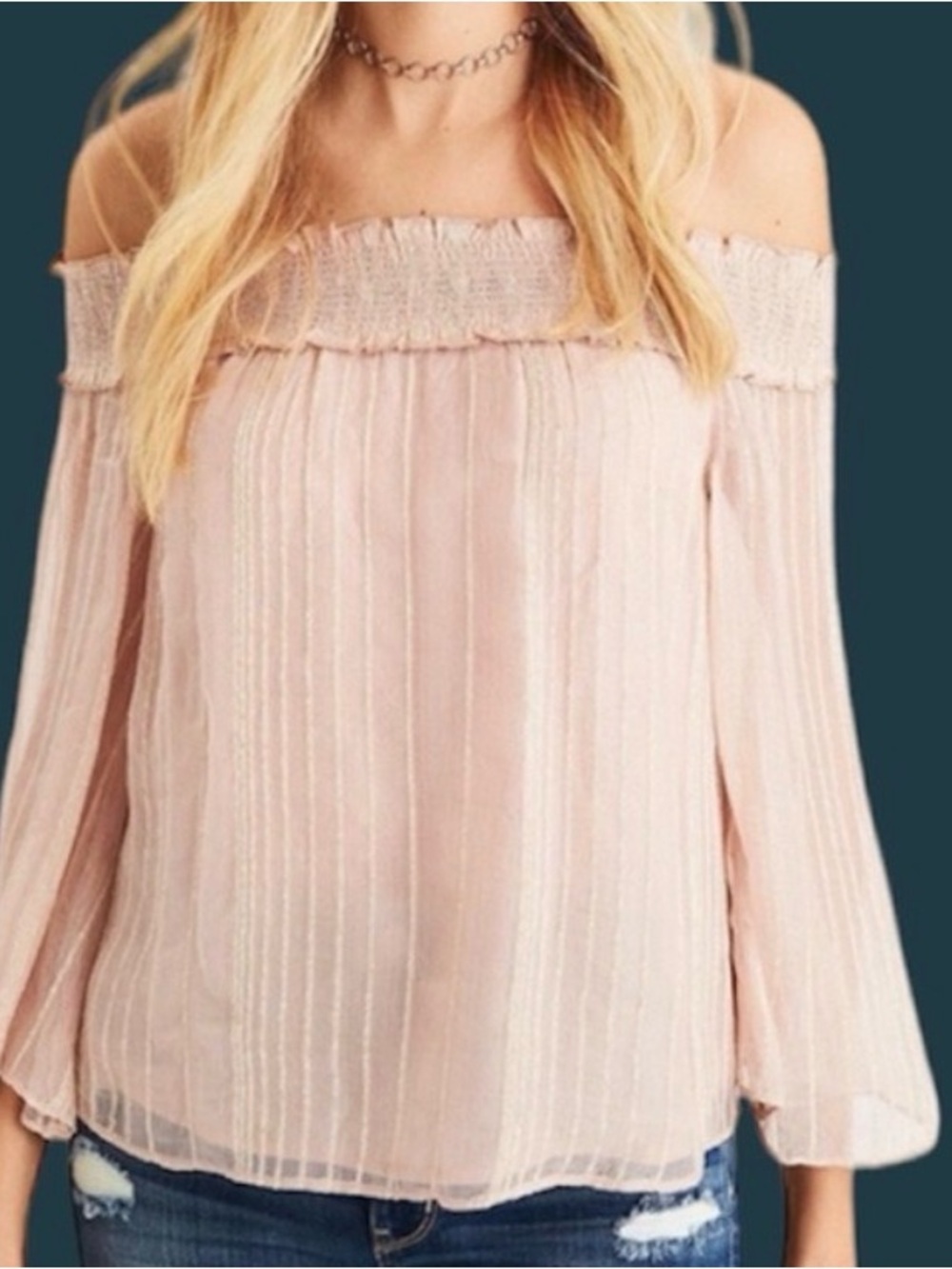 AEO Off-Shoulder Blush Pink Striped Gold Shimmer Top